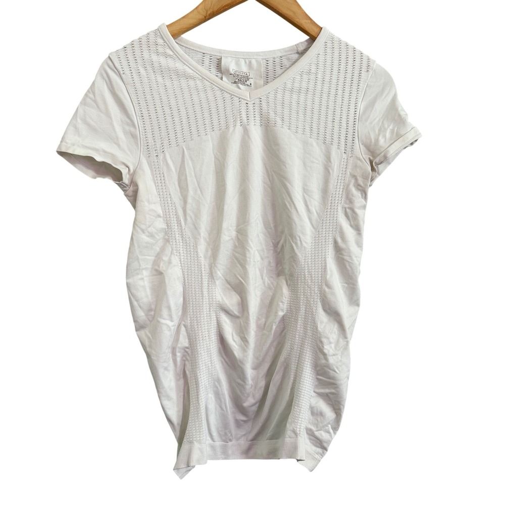 ATHLETA White V Neck‎ Short Sleeve Seamless Knit Athletic Top Women Size S